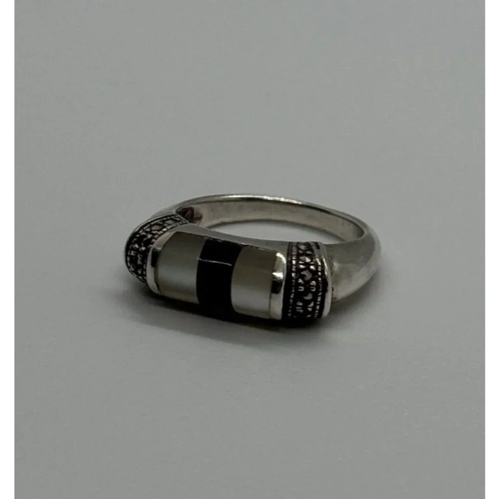 925 STERLING SILVER ABALONE, ENAMEL & MARCASITE RING SIZE 7